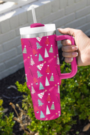 Rose Red Cartoon Christmas Tree Printed Thermos Cup 40oz