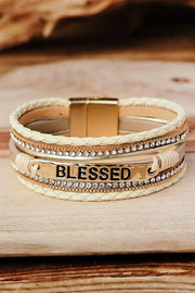 Beige BLESSED Rhinestone Braided Detail Buckle Bracelet