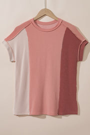 Apricot Pink Textured Colorblock Crew Neck T Shirt