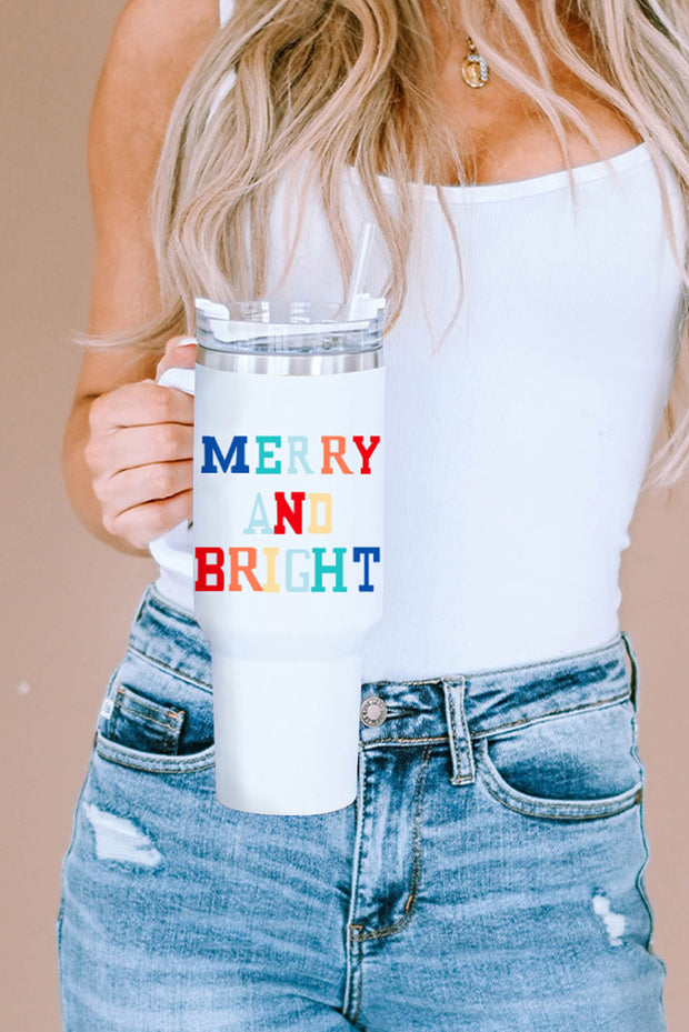 White Colorful MERRY AND BRIGHT Stainless Steel Vacuum Cup 40oz