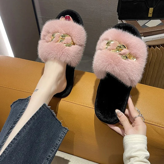 Chain Fur Cotton Slippers