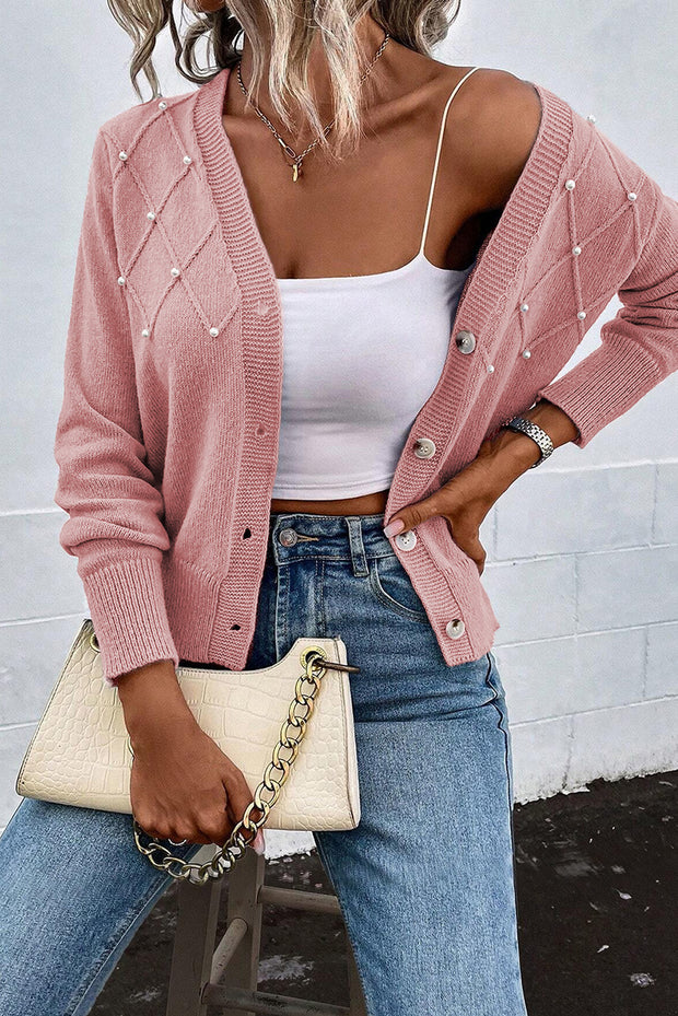 Sepia Rose Textured Knit Pearl Beaded Button Up Cardigan