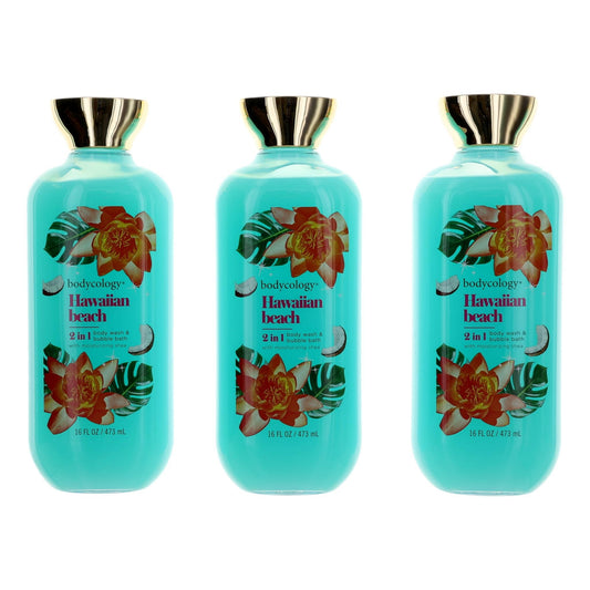 Hawaiian Beach by Bodycology, 3 Pack 16 oz 2 in 1 Body Wash & Bubble Bath for Women