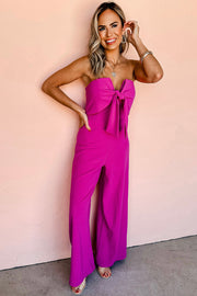 Bright Pink Bowknot Strapless Wide Leg Jumpsuit