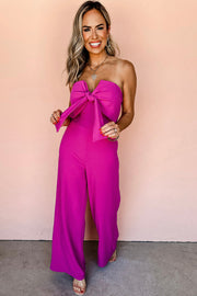 Bright Pink Bowknot Strapless Wide Leg Jumpsuit