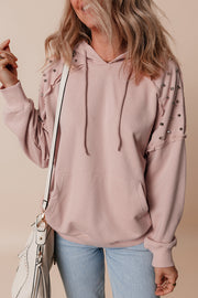 Fushia Solid Color Rivet Stud Raglan Sleeve Hoodie with Pocket